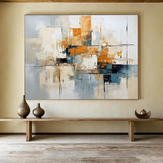 “Blue, Orange, Gray Urban ‘Metro Melody’” - Abstract Cityscape Painting On Canvas DLZ006