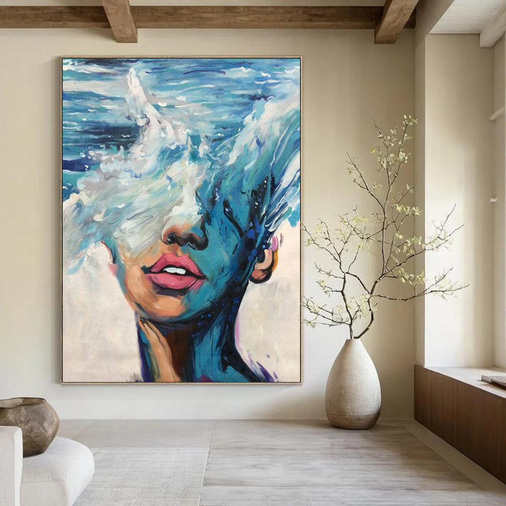 “Blue, White, Pink Ocean Face ‘Sea of Self’” - Impasto Figurative Painting On Canvas DTP347