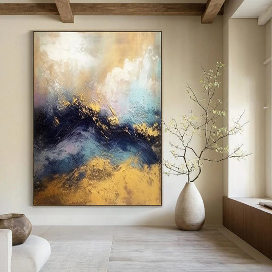 “Gold and Blue Abstract Waves” - Contemporary Landscape Art CT1941