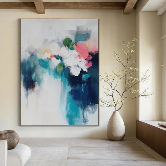 “Colorful Abstract Floral Bouquet” - Blue, White, Pink & Green Impressionistic Flower Painting On Canvas DKH0996