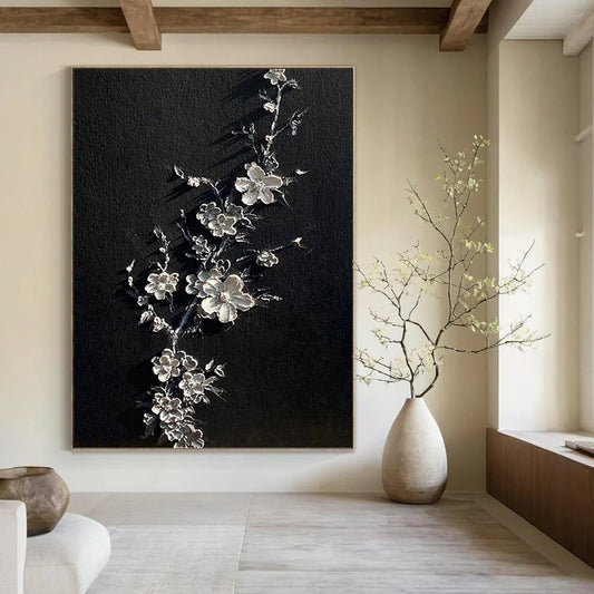 “Silver Blossoms” - Black & Silver 3D Floral Textured Painting On Canvas DKH1543