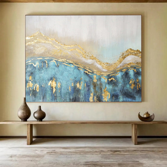 “Gilded Waves of Blue” - Blue, Gold, White Textured Abstract Painting On Canvas DKH733