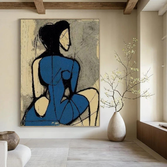 Abstract Blue - Clad Woman in Cubist Style - Figurative Painting On Canvas DKH1417