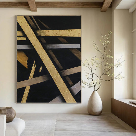 “Gold & Silver on Black Abstract” - Luxurious Abstract Painting On Canvas DKH1094