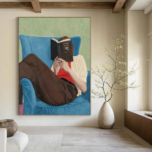 “Figure Reading on Blue Chair” - Green, Blue, Brown Figurative Painting On Canvas DTP303