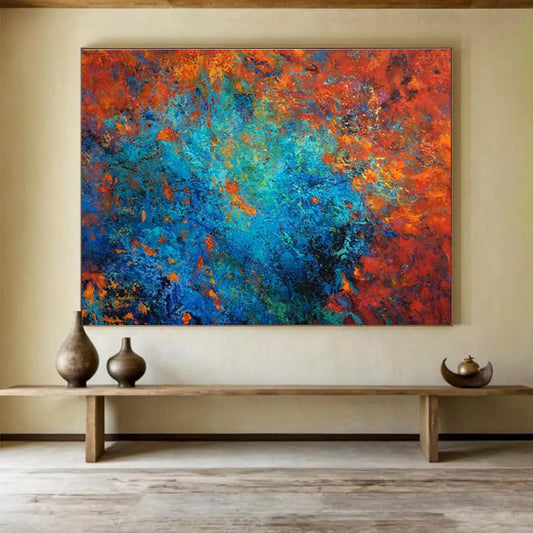 “Fiery Blue Core” - Red, Blue, Orange Abstract Oil Painting On Canvas DKH723