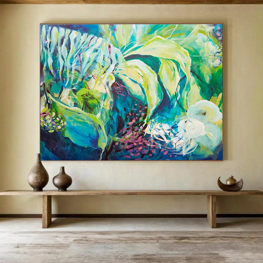 Abstract Floral in Green and Blue - Expressive Brushstrokes and Nature - Inspired Forms Painting On Canvas DKH055