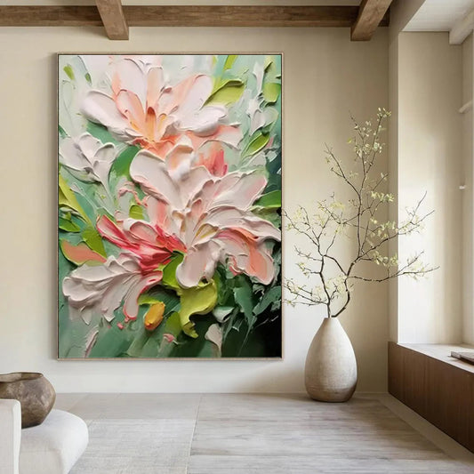 Pink and Green Floral Impasto - Textured Flower Painting On Canvas DKH1396