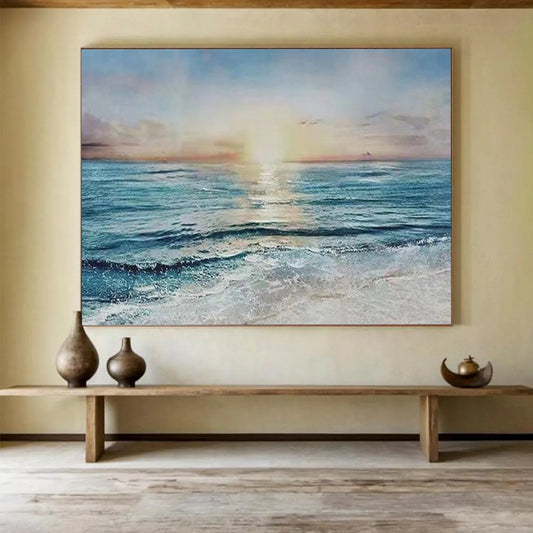 “Sunset Sea Serenity” - Orange, Pink & Blue Realist Seascape Painting On Canvas DLZ258