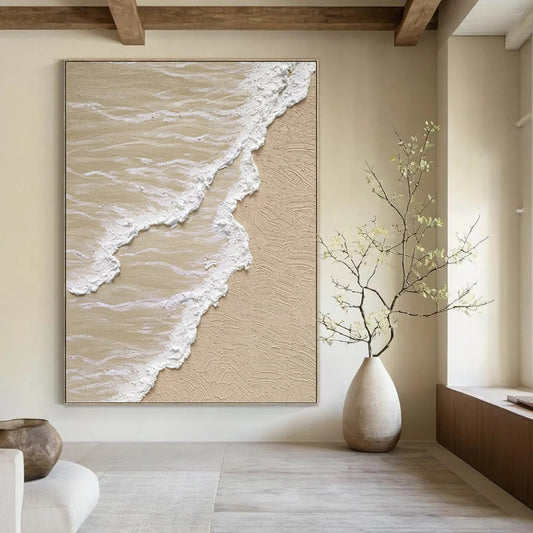 Beige and White Textured Seashore Painting On Canvas DKH1143