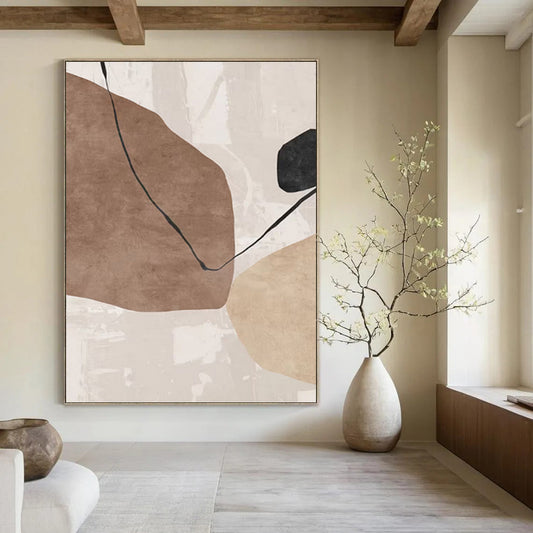 “Earth Tones Link” - Brown, Beige & Black Minimalist Shapes Painting On Canvas DKH1519