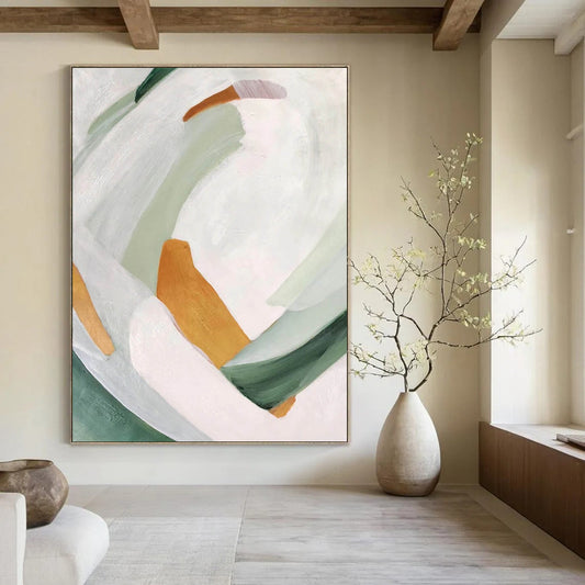 “Soft Color Block Abstraction” - White, Green, Orange Abstract Painting On Canvas DTP257