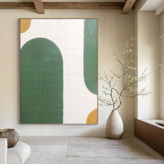 “Green Ribbon Arches” - Green, Yellow & White Textured Curves Painting On Canvas DKH1170