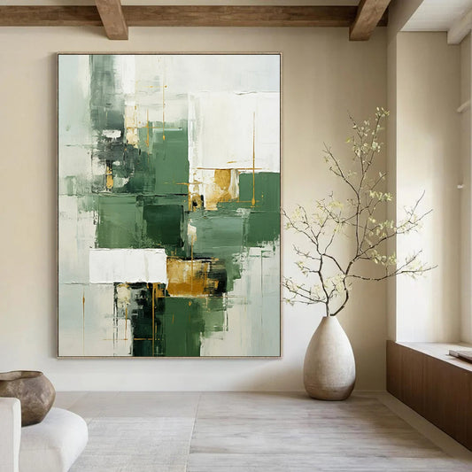 Green, White & Gold Geometric Abstract - Geometric Abstract Painting On Canvas CT2290