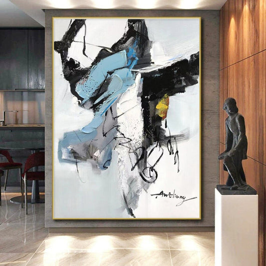 Blue, Black, White, Yellow & Gray Abstract Forms, “Energetic Balance” - Impasto Abstract Painting CT0782