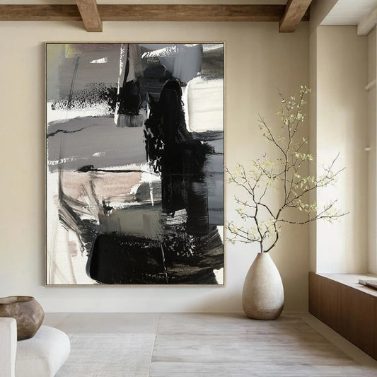 Gray & Black Abstract Forms - Abstract Composition Painting On Canvas DKH1263
