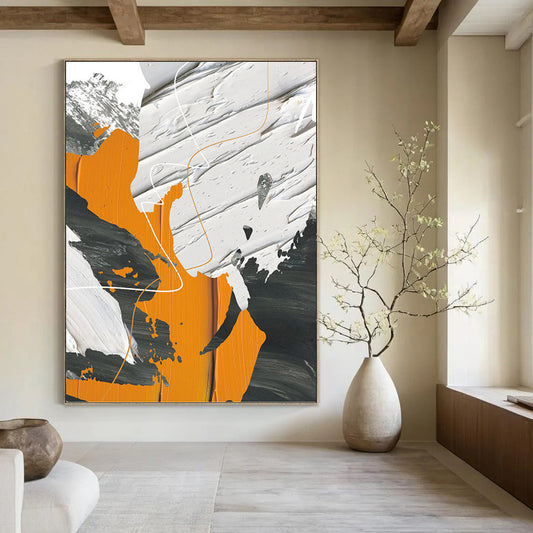 “Dynamic Forms” - Orange, White, Gray & Black Abstract Lines Painting On Canvas DKH1528