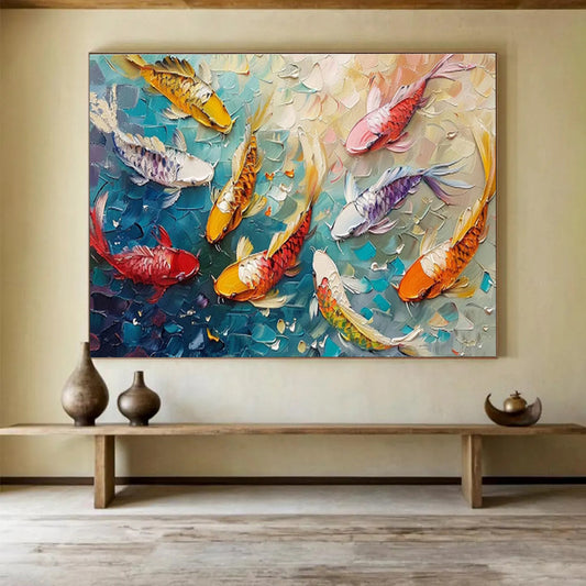 “Koi Celebration” - Colorful, Textured Fish & Water Impasto Painting On Canvas DKH705
