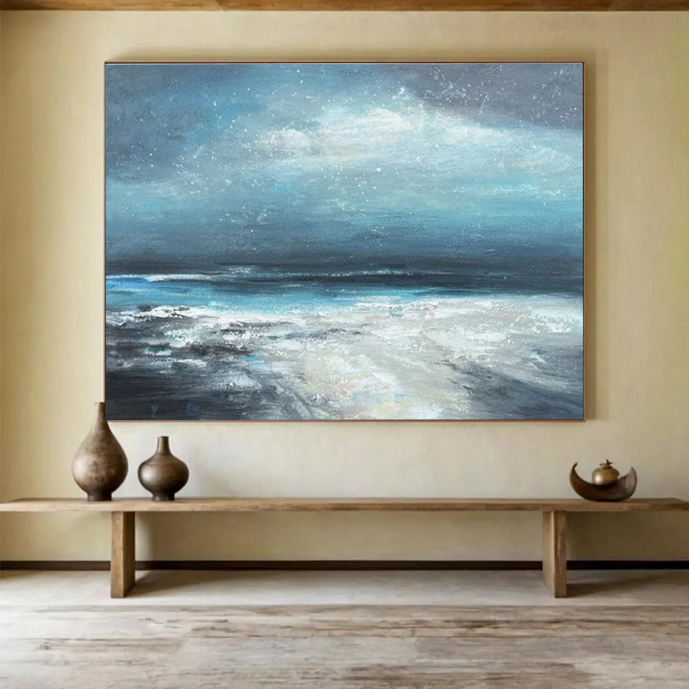 Deep Blue and Gray Starry Seaside “Nocturnal Coastal Serenity” Painting On Canvas DKH111