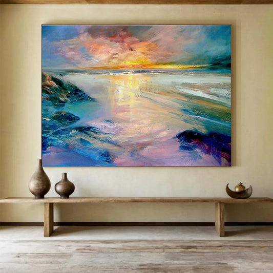 Colorful Sunset Beach Scene Impressionistic Painting On Canvas DKH213