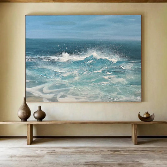 “Blue, White, Crashing Waves ‘Dynamic Surf’” - Realist Seascape Painting On Canvas DLZ025