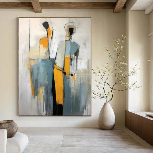 “Abstract Figures” - Gray, Orange & Blue Abstract Painting On Canvas CT2232