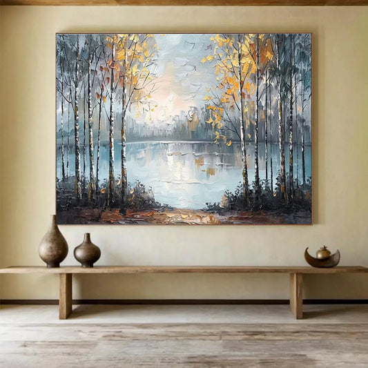Autumn Forest Lake - Gray, Blue & Yellow Landscape Painting On Canvas DKH904