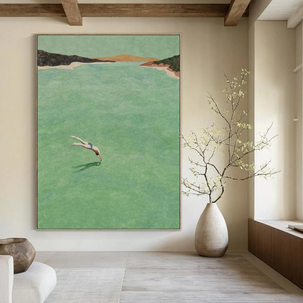 “Diver in Green Water” - Green, Blue, Brown Landscape Painting On Canvas DTP304