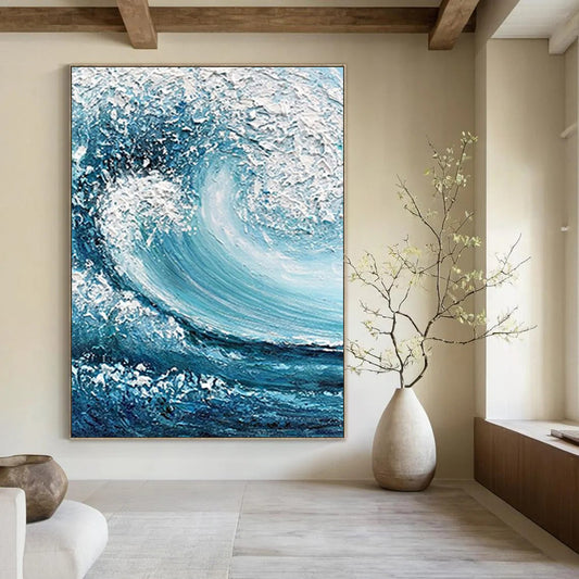 “Blue, White Impasto Wave ‘Crashing Power’” - Textured Sea Wave Painting On Canvas DTP322