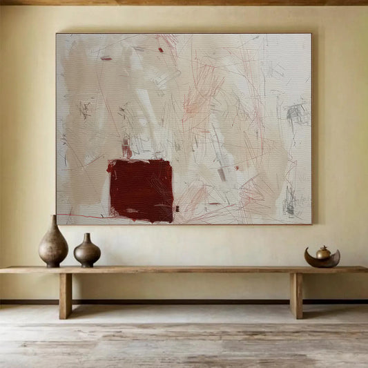 Beige, Red, and Gray Abstract “Subtle Creative Markings” Painting On Canvas DKH146