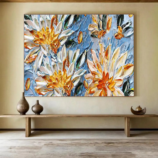 Yellow & White Floral Textures - Blue, Yellow & White Botanical Painting On Canvas DKH896