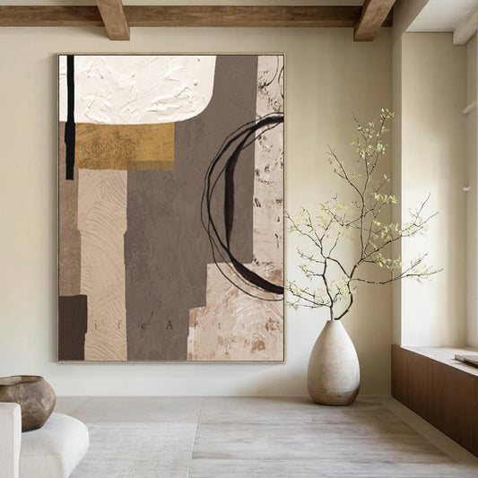 “Neutral Collage” - Brown, Gray & Gold Geometric Shapes Painting On Canvas DKH1516