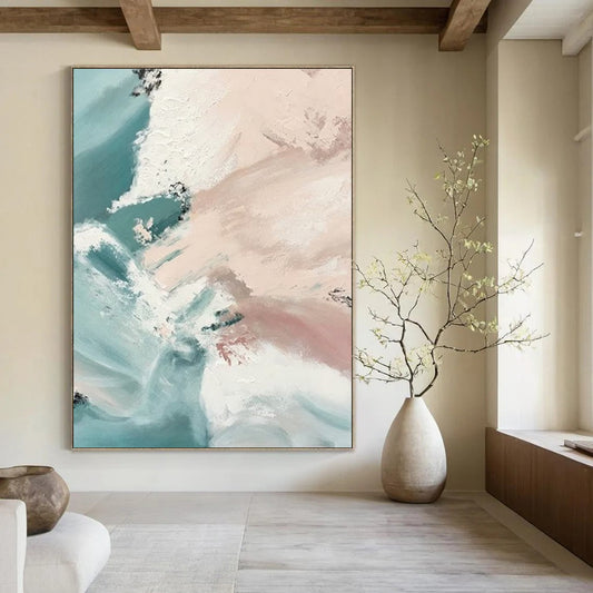 “Blush - Teal Flow” - Blush, Teal, White Fluid Shapes Painting On Canvas DTP277