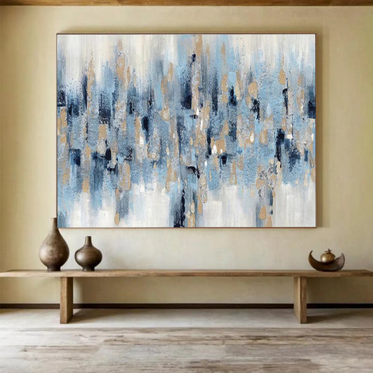 Blue - Gold Abstract Shower - Abstract Expressionist Painting On Canvas DKH601