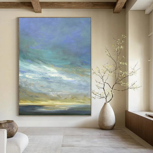 “Sky & Sea in Lighter Hues” - Blue, Beige & White Impressionistic Painting On Canvas DKH0954