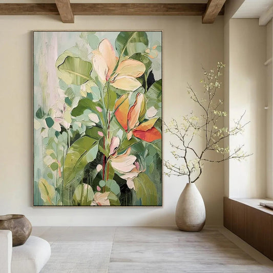 “Blush Blooms & Verdant Leaves” - Floral Acrylic on Canvas CT1873