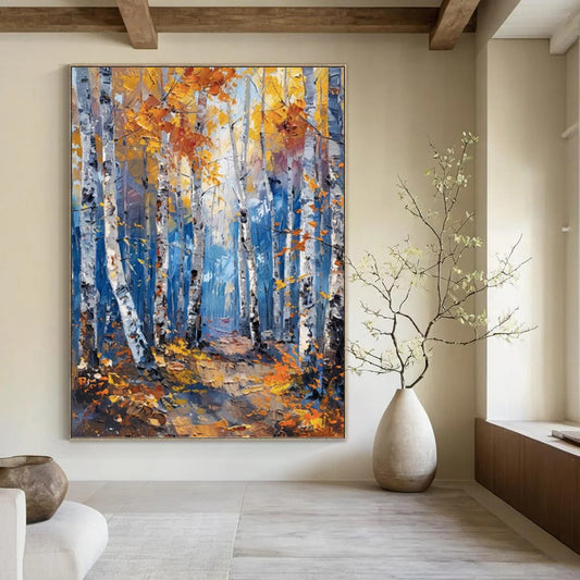 Autumn Birch Forest in Gold and Blue - Landscape Painting On Canvas DKH1406