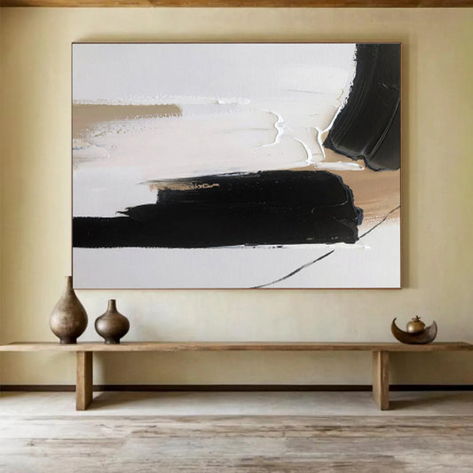 Contrasting Black and Beige Abstract Painting On Canvas DKH315