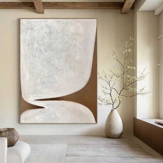 “Minimalist Shapes” - White & Brown Textured Abstract Painting On Canvas DKH1179