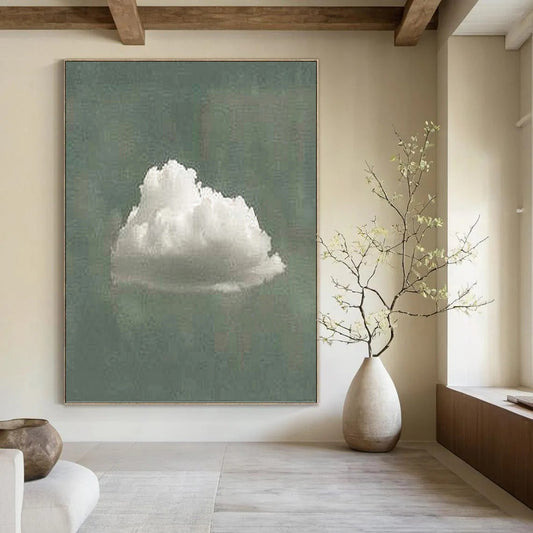 “Single White Cloud on Green” - White & Green Minimalist Painting On Canvas DKH0970