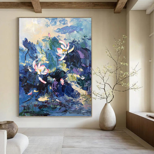 Impasto Lotus in Blue Hues - Impressionistic Floral Painting On Canvas DKH1298