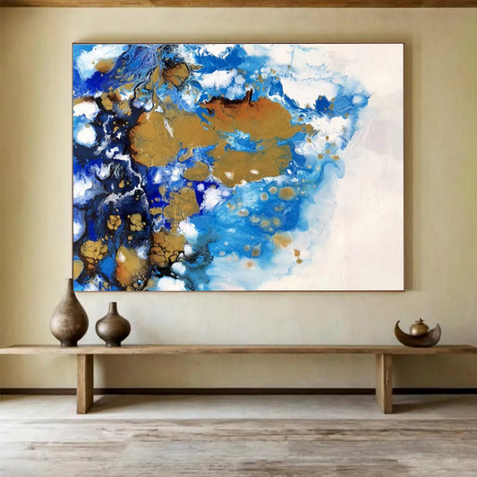 “Blue, Gold, and White Fluid Abstract” Painting On Canvas DKH167