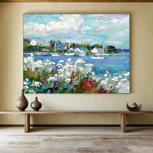 “Colorful Harbor Scene” Impressionist Oil Painting On Canvas DKH450
