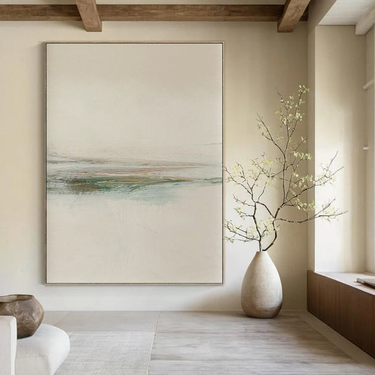 “Minimalist Coastal Stripes” - Beige, Blue, Green Abstract Landscape Painting On Canvas DTP226