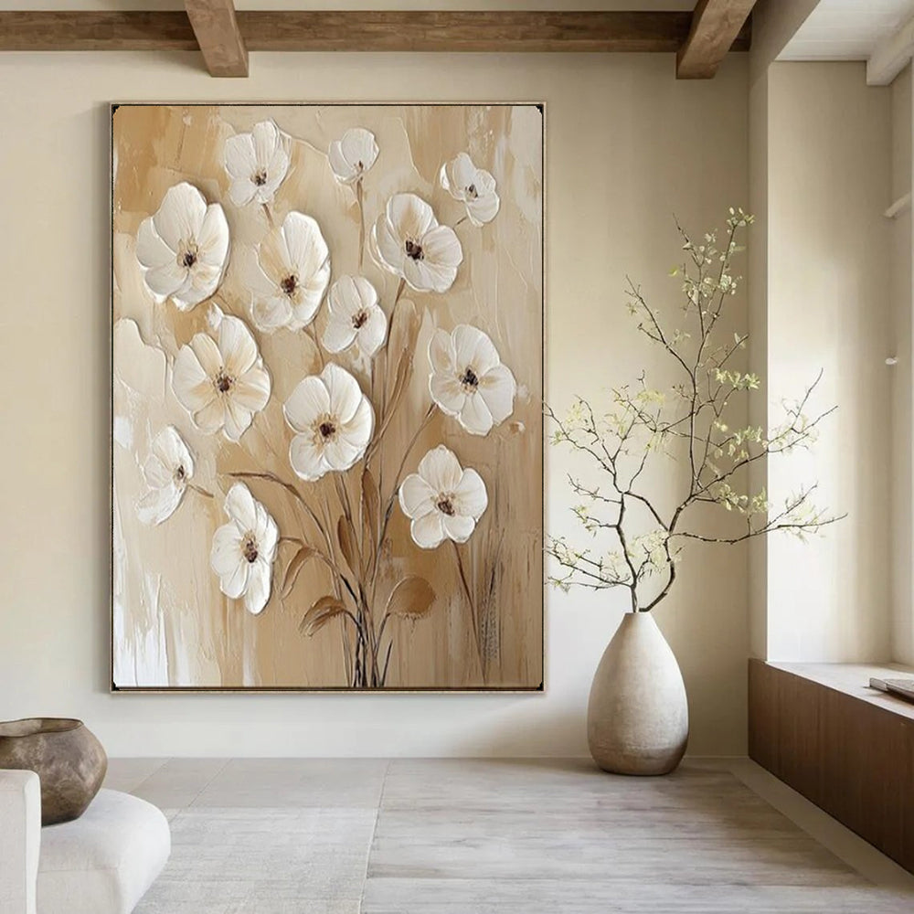 “Textured White Flowers on Beige” – Impasto Floral Oil Painting On Canvas CT2155