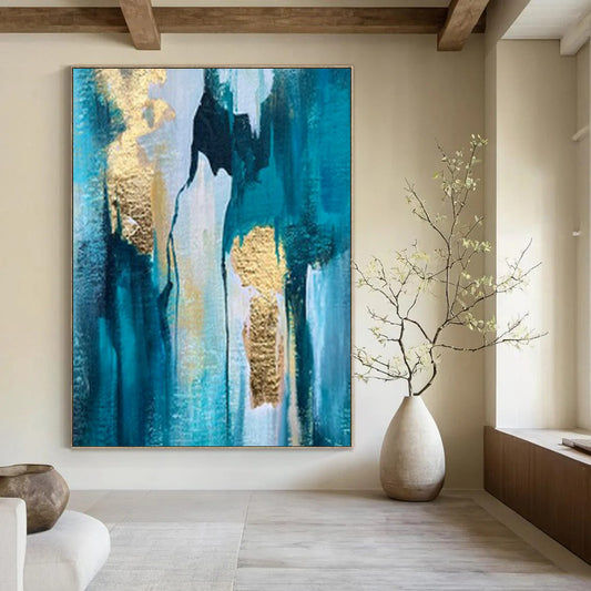 “Blue, Gold Cascading Waterfall” – Textured Abstract Art CT1007