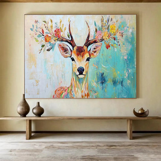 “Floral - Antlered Deer” - Whimsical Animal Painting On Canvas DKH803