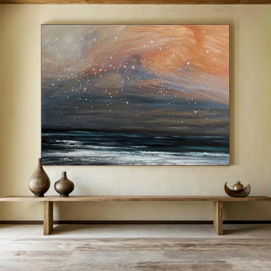Orange and Gray Starry Shore “Dusk Sky Beach” Painting On Canvas DKH110