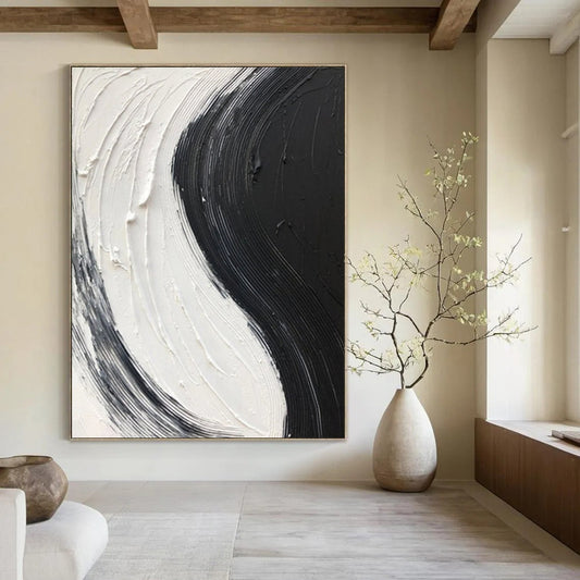“Black, White Swirl ‘Yin - Yang Flow’” - Impasto Abstract Painting On Canvas DTP376