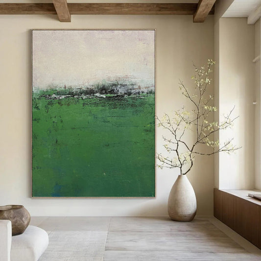 “Misty Green Field” - Green & Gray Abstract Landscape Painting On Canvas DKH1207